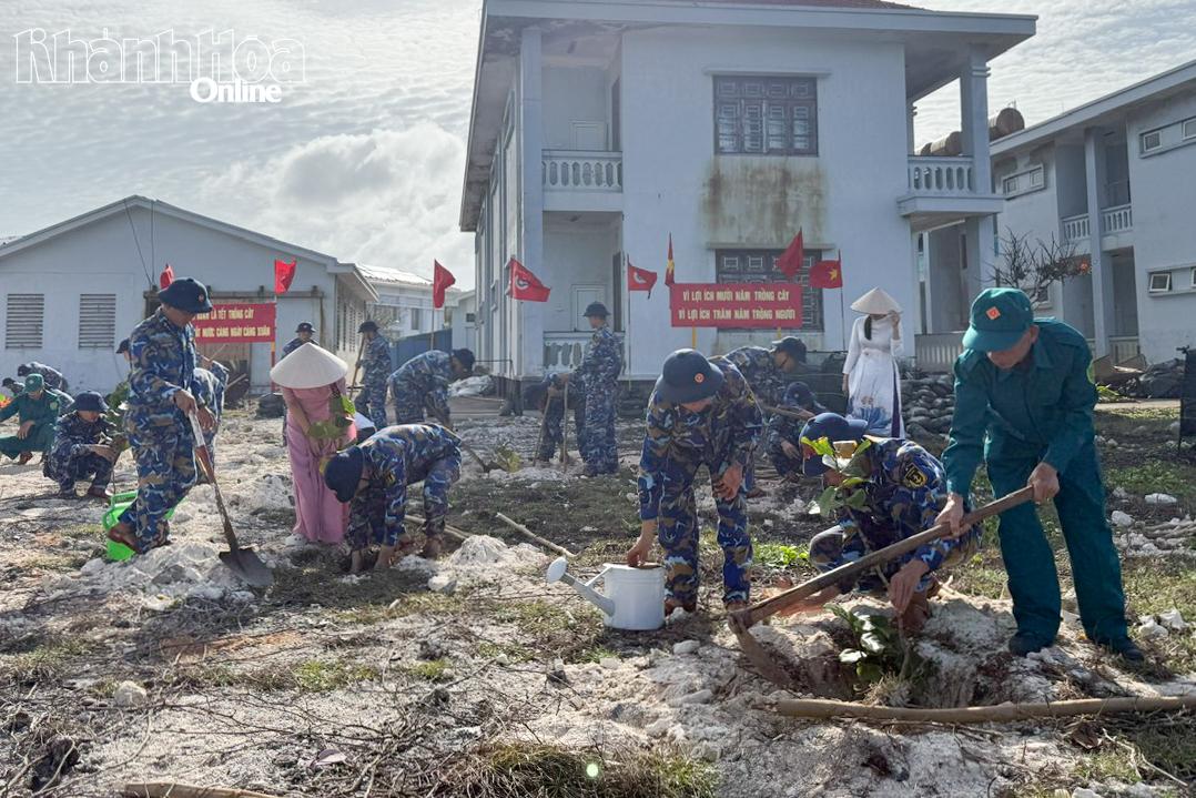 Quân và dân đảo Trường Sa trồng cây nhân dịp năm mới.