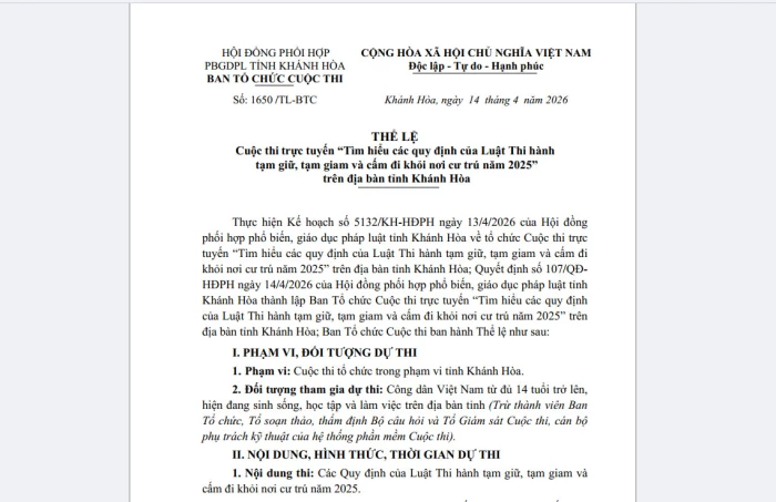 Từ ngày 16-4, thi trực tuyến tìm hiểu Luật Thi hành tạm giữ, tạm giam và cấm đi khỏi nơi cư trú năm 2025