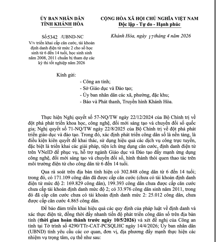 Triển khai cấp căn cước, tài khoản định danh điện tử mức 2 cho học sinh