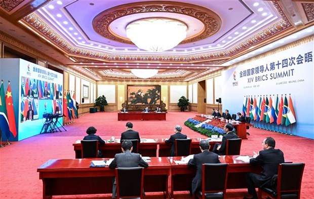 Các nhà lãnh đạo BRICS (ảnh màn hình) tham dự hội nghị thượng đỉnh theo hình thức trực tuyến, ngày 23/6/2022. (Ảnh: THX/TTXVN)

