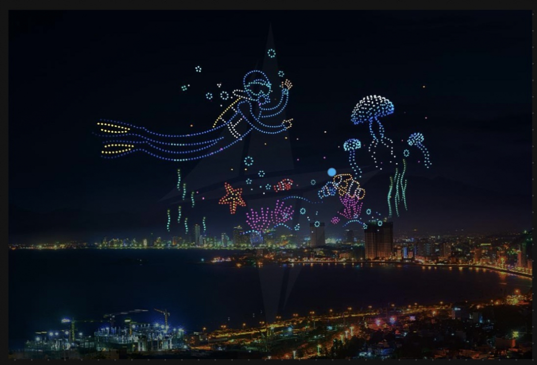 Colorful ocean world will appear in the sky in drone light show 

