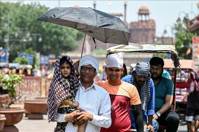 Người dân che ô tránh nắng nóng tại New Delhi, Ấn Độ, ngày 21/5/2024. Ảnh: AFP/TTXVN

