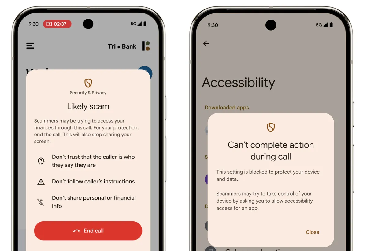 Giao diện một số tính năng phát hiện lừa đảo trên điện thoại Android (Ảnh: Google)