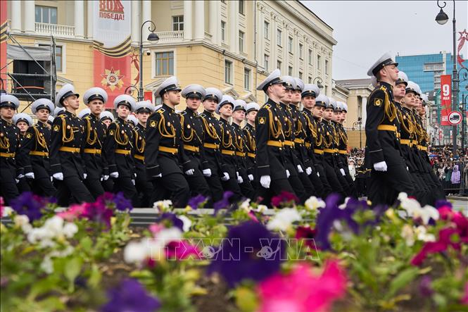 Quân nhân tham gia lễ duyệt binh kỷ niệm 80 năm Ngày Chiến thắng phát xít tại thành phố Vladivostok, vùng Viễn Đông Nga ngày 9/5/2025. Ảnh: THX/TTXVN