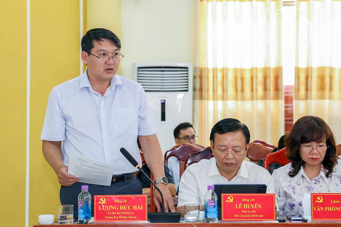 Trưởng Ban Tổ chức Tỉnh ủy Lương Đức Hải phát biểu tại buổi làm việc.