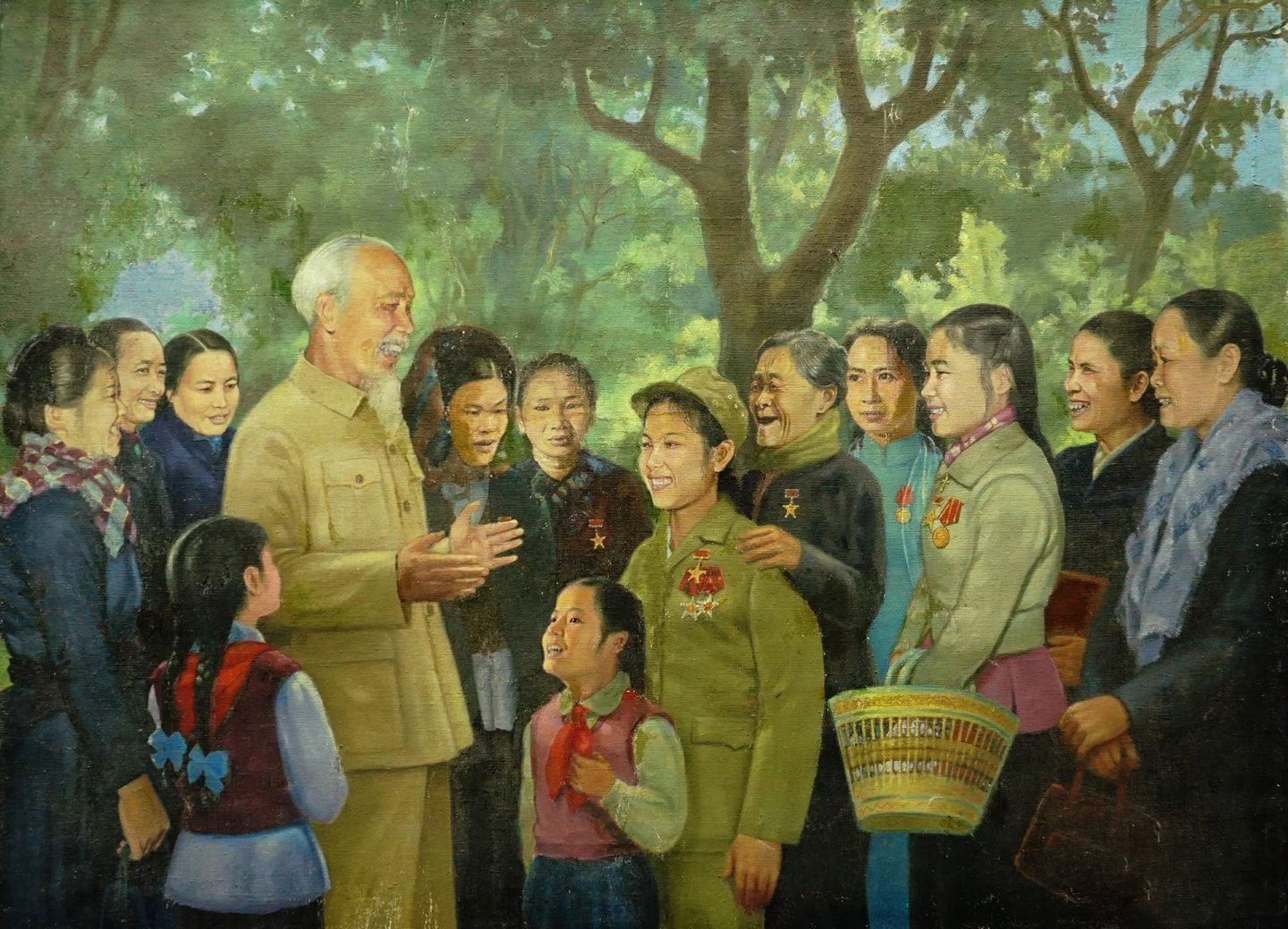 Tác phẩm Bác Hồ với nữ chiến sĩ thi đua miền Bắc- Tranh của họa sĩ Vương Trình, sáng tác năm 1967_Ảnh tư liệu

