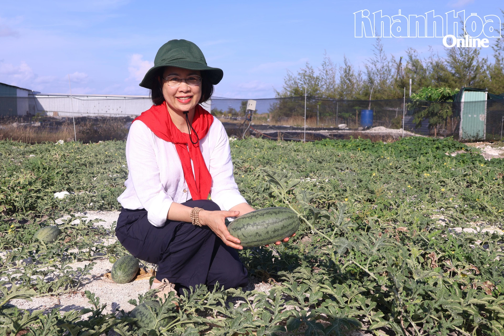 Bà Nguyễn Thị Thu Hà - Chủ tịch Công đoàn Viện Vệ sinh dịch tễ Trung ương thích thú với quả dưa hấu ở đảo Tiên Nữ.