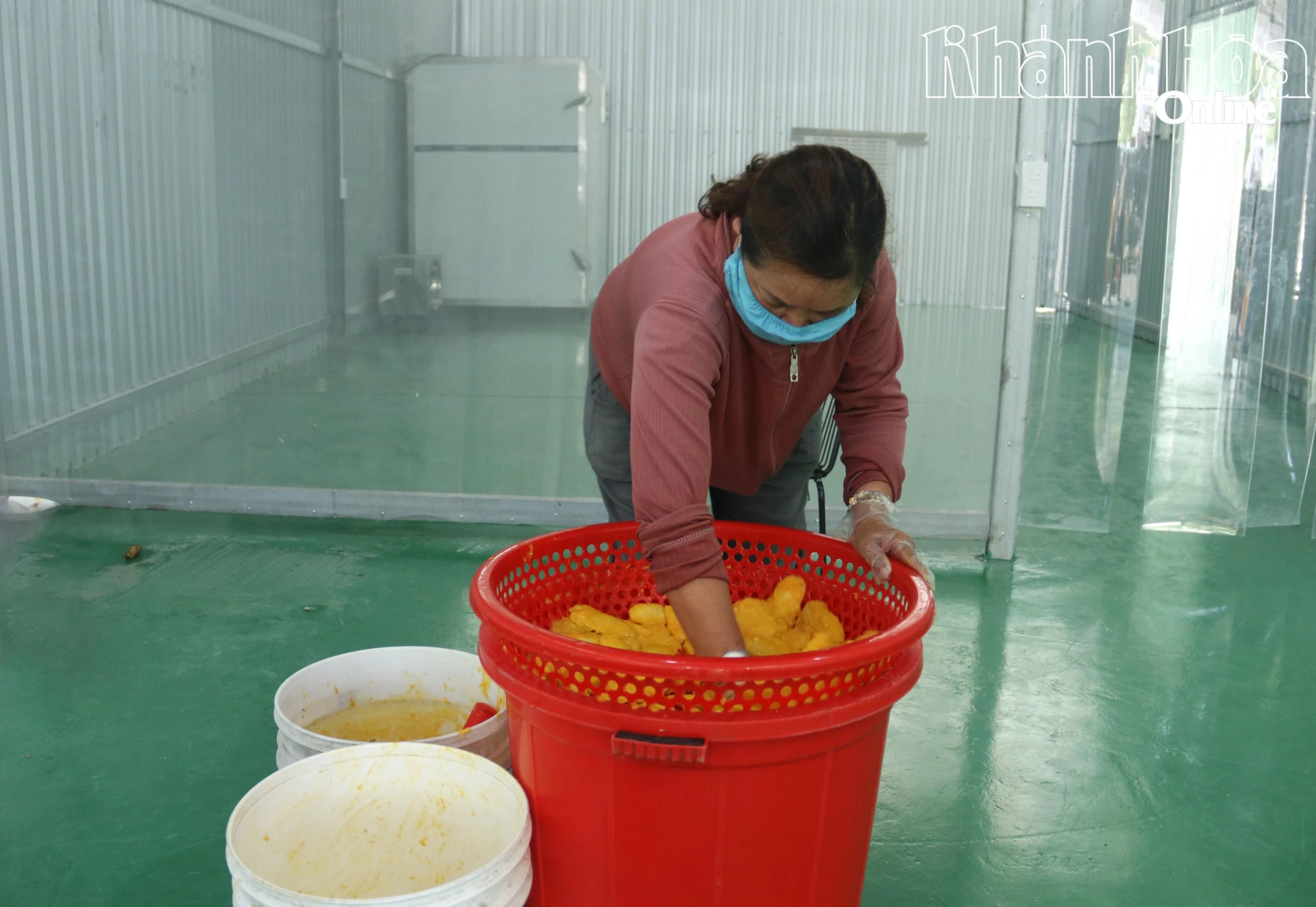 Công đoạn lọc bỏ hạt xoài.