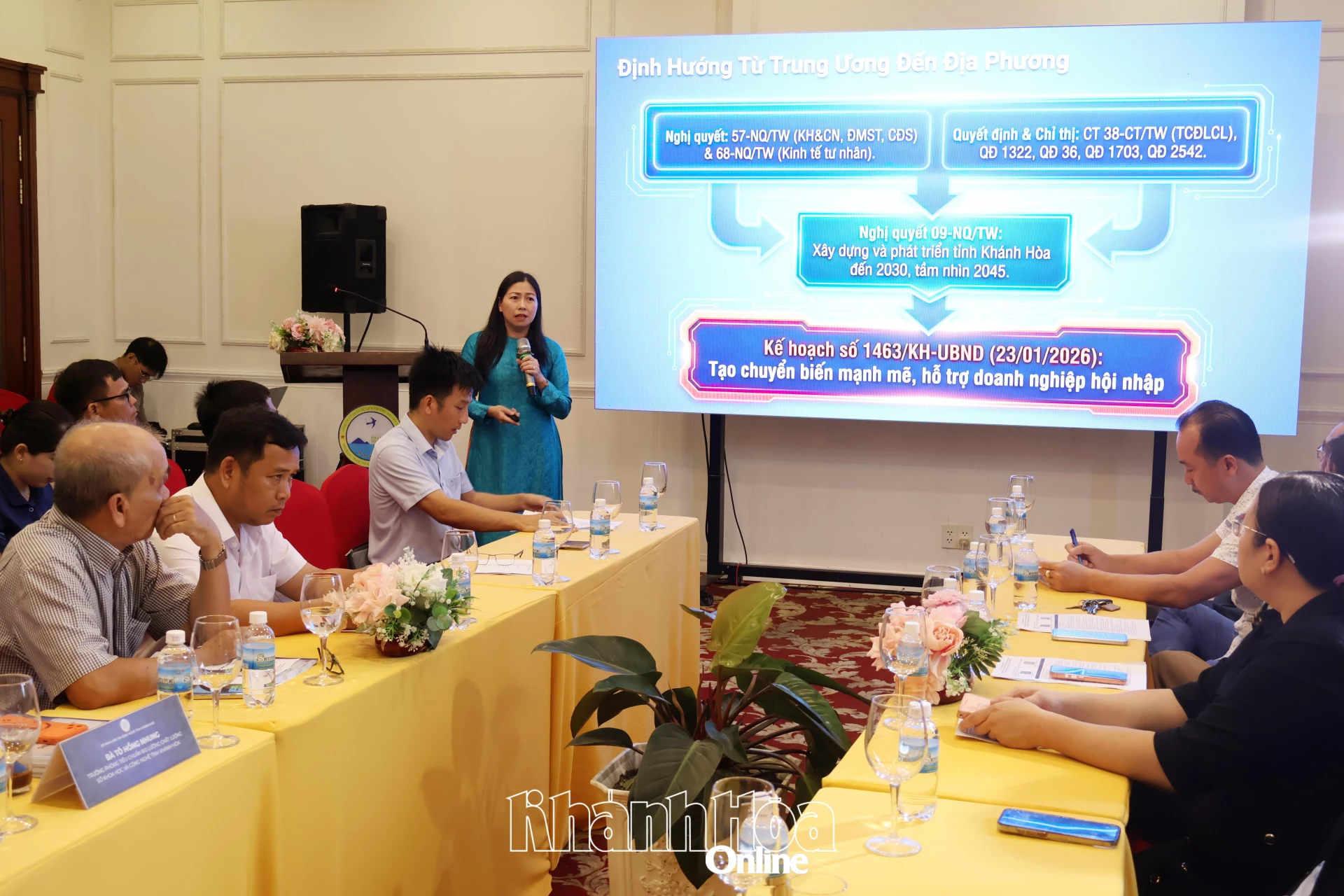 Bà Tô Hồng Nhung giới thiệu Kế hoạch số 1463 của UBND tỉnh tại hội thảo.