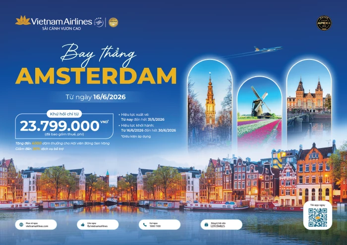 Vietnam Airlines khai trương đường bay thẳng Hà Nội - Amsterdam từ tháng 6-2026