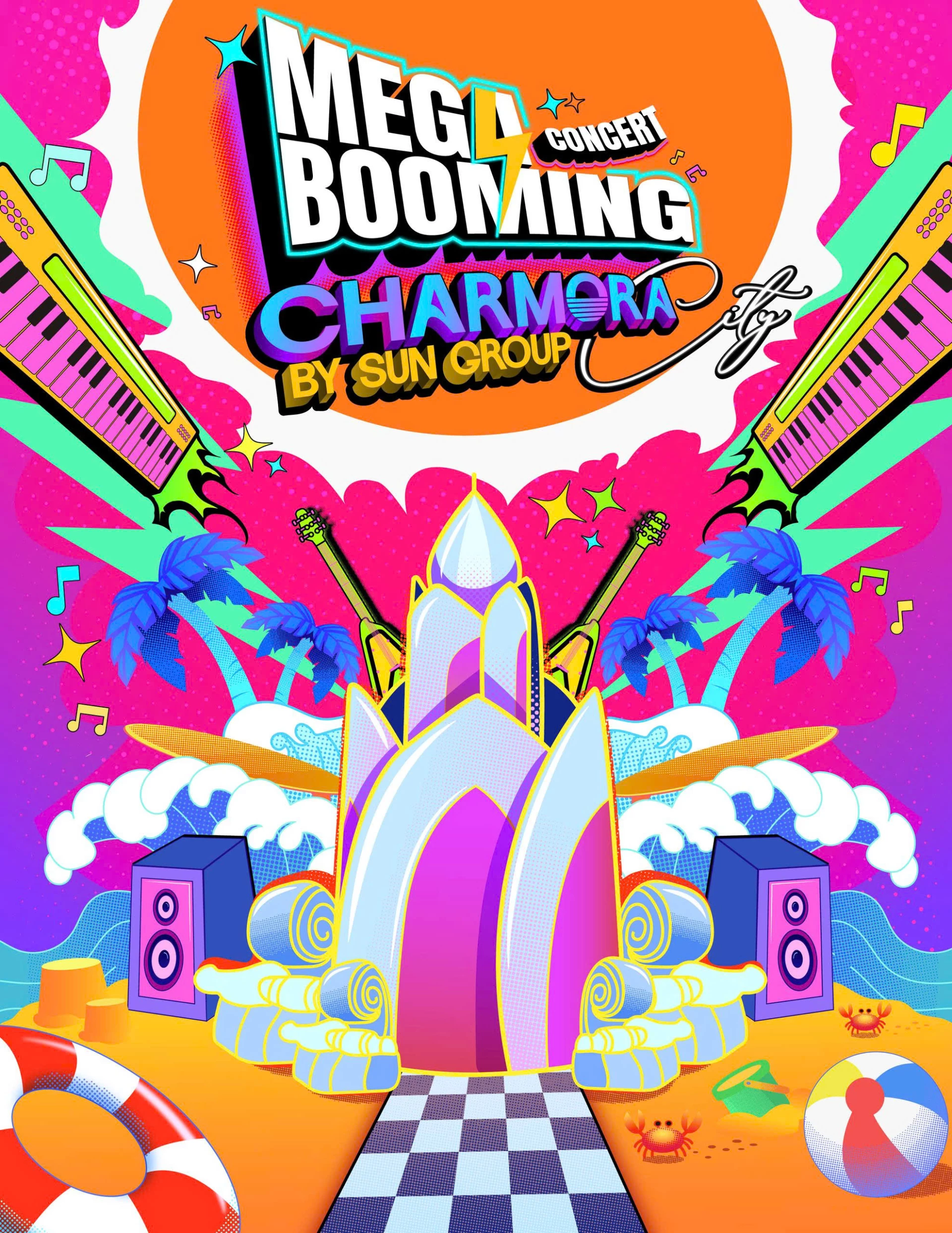 Poster quảng bá cho sự kiện âm nhạc Mega Booming - Charmora City tại Quảng trường 2 tháng 4.