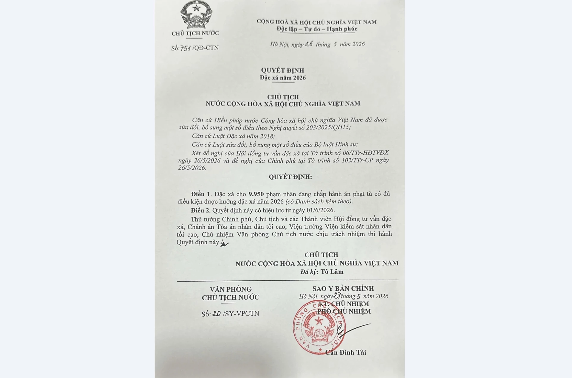 Tỉnh Khánh Hòa có 316 phạm nhân được đặc xá