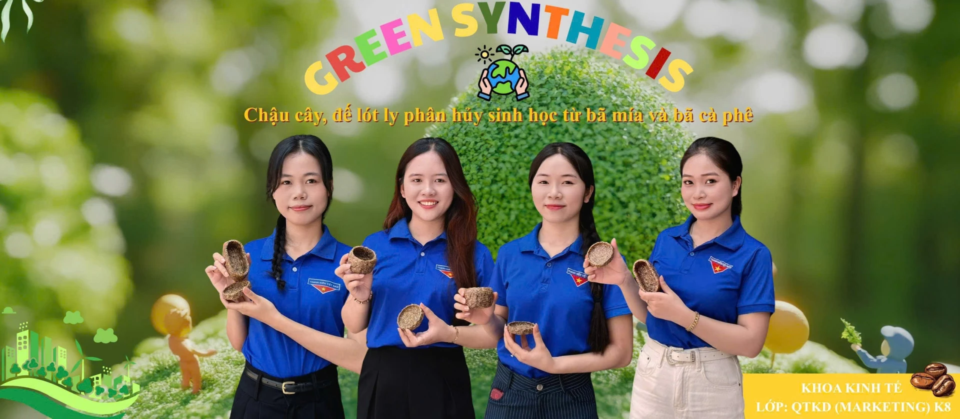 Nhóm sinh viên Khoa Kinh tế (Trường Đại học Khánh Hoà) với ý tưởng khởi nghiệp “Chậu cây, đế lót ly phân hủy sinh học từ bã mía và bã cà phê”. 