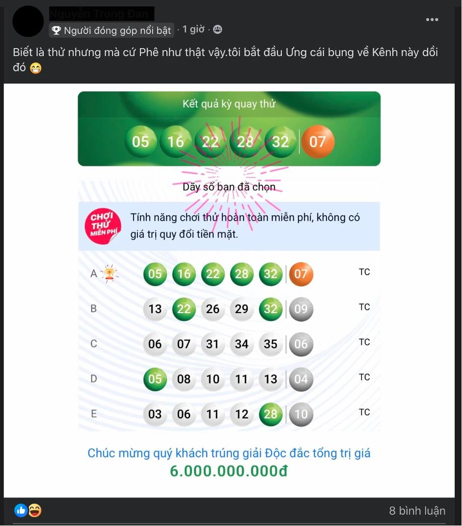 Trên các hội nhóm Facebook, nhiều người chơi đã chia sẻ trải nghiệm chơi thử trúng thử xổ số tự chọn Lotto 5/35 trên ứng dụng Vietlott SMS