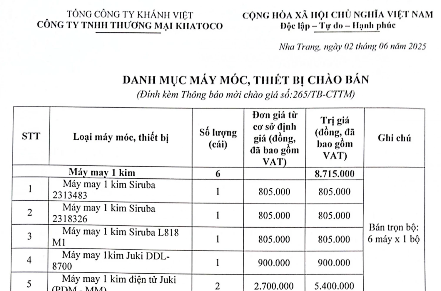 Công ty TNHH Thương mại Khatoco thông báo mời chào giá