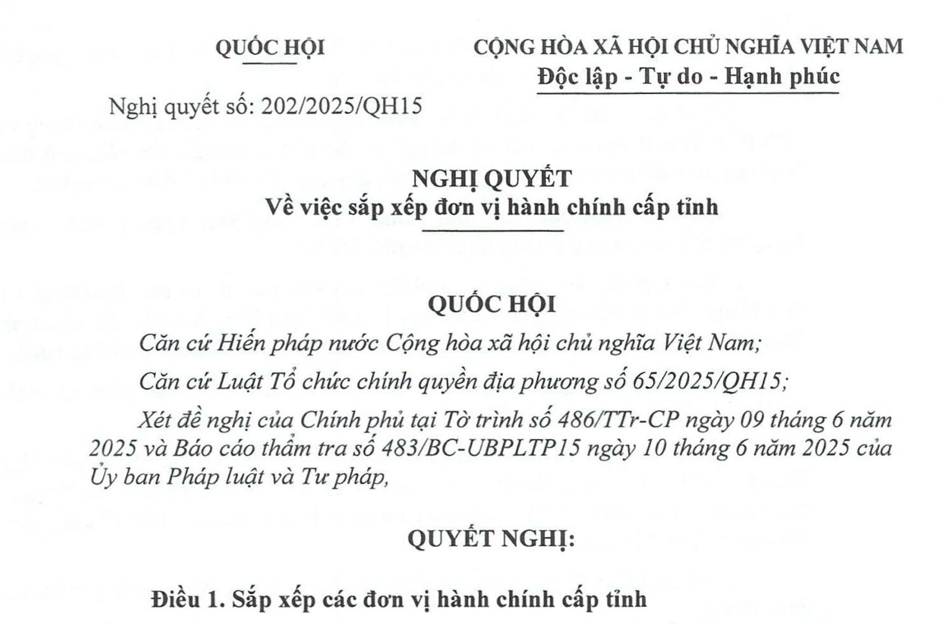 Toàn văn Nghị quyết về việc sắp xếp đơn vị hành chính cấp tỉnh của Quốc hội
