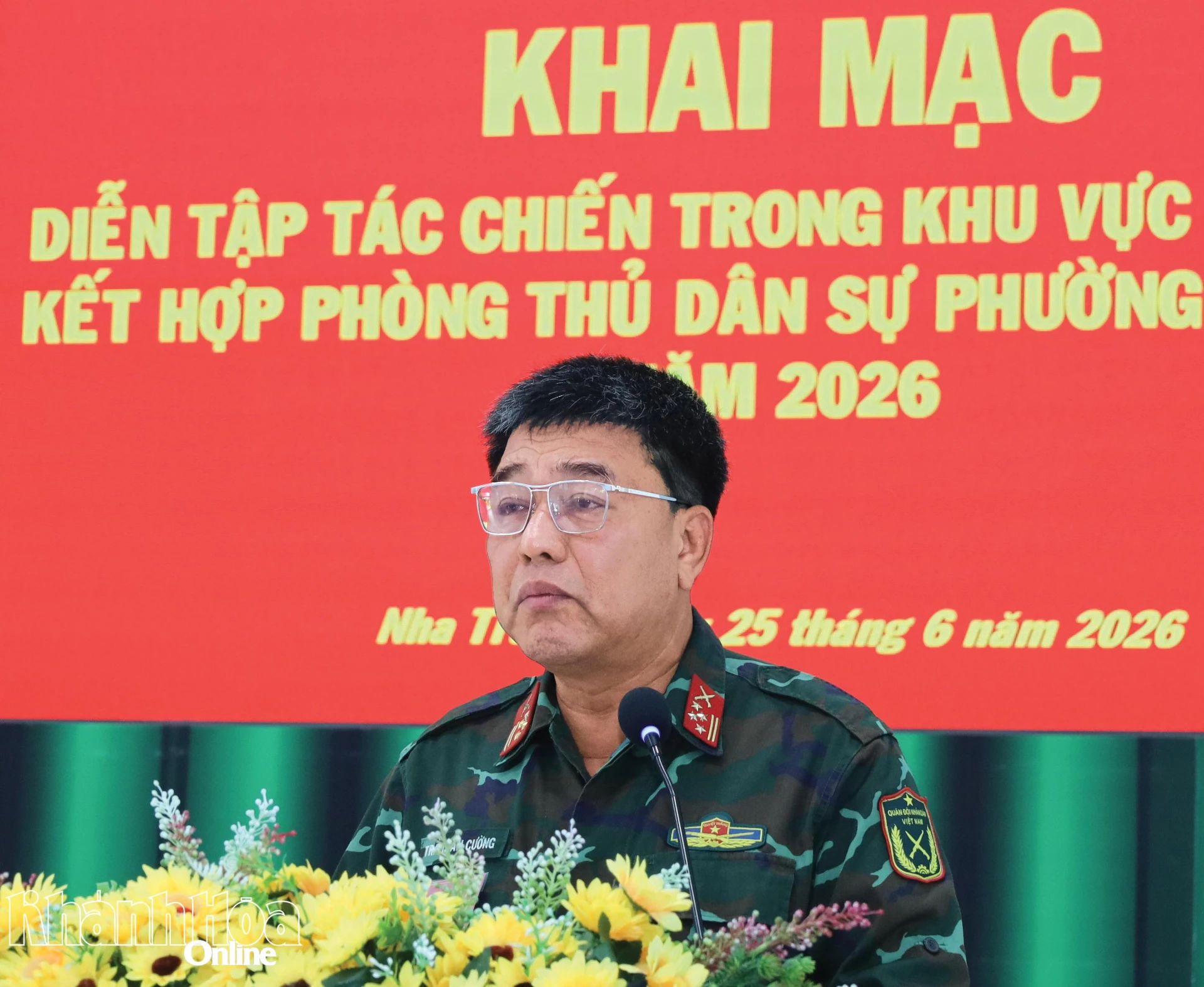 Đại tá Trần Tấn Cường phát biểu khai mạc diễn tập.