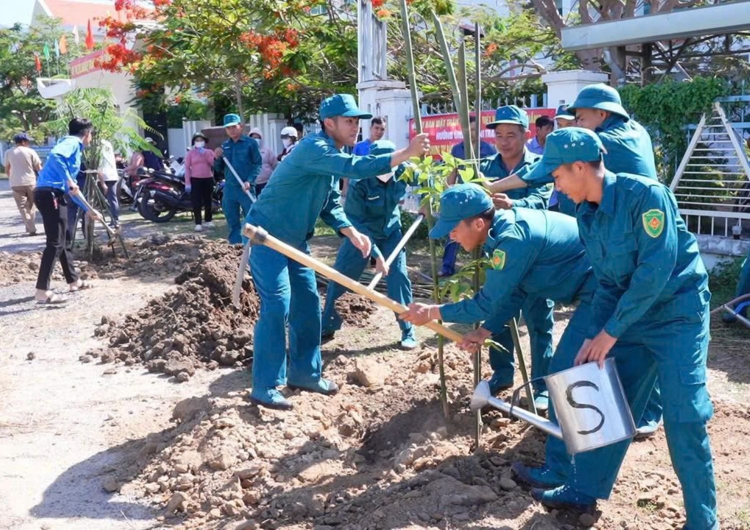 Lực lượng dân quân tự vệ xã tham gia trồng cây trên tuyến đường thôn Bình Trung 1.