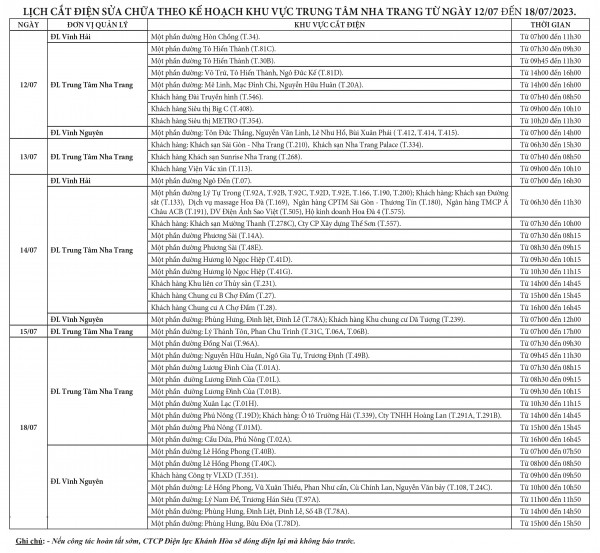 Lịch cắt điện Khu vực Nha Trang từ ngày 12-07 đến ngày 18-07-2023