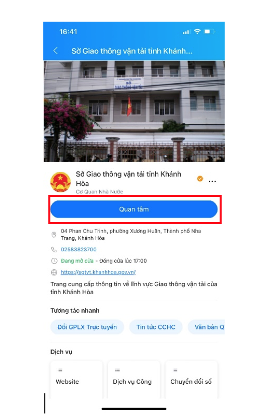 Trang Zalo Official Account “Sở Giao thông vận tải tỉnh Khánh Hòa”