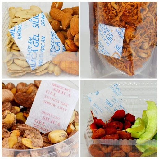 Gói hút ẩm được đặt trong túi đựng thực phẩm khô để loại bỏ độ ẩm, ngăn ngừa ẩm mốc.