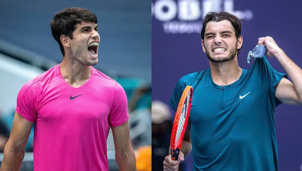Vượt qua Alcaraz lúc này sẽ là một cú sốc ngoài tưởng tượng cho Taylor Fritz (phải)