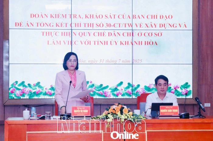 Phó Chủ tịch Quốc hội Nguyễn Thị Thanh làm việc với Tỉnh ủy Khánh Hòa về kết quả thực hiện quy chế dân chủ ở cơ sở