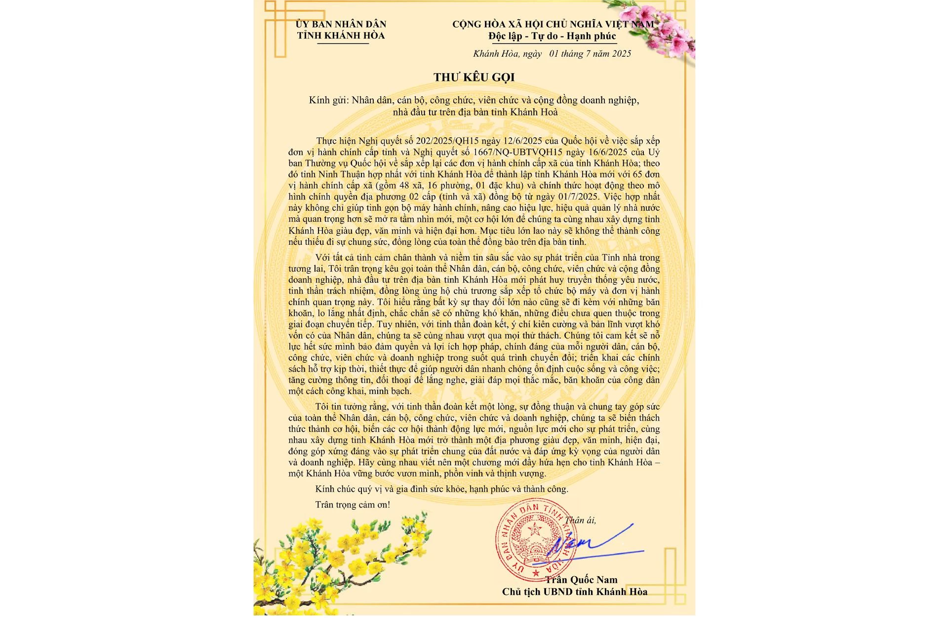 Thư kêu gọi của Chủ tịch UBND tỉnh Khánh Hòa