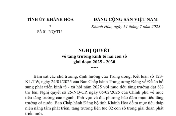 Nghị quyết số 01-NQ/TU của Tỉnh ủy Khánh Hòa về tăng trưởng kinh tế hai con số giai đoạn 2025 - 2030