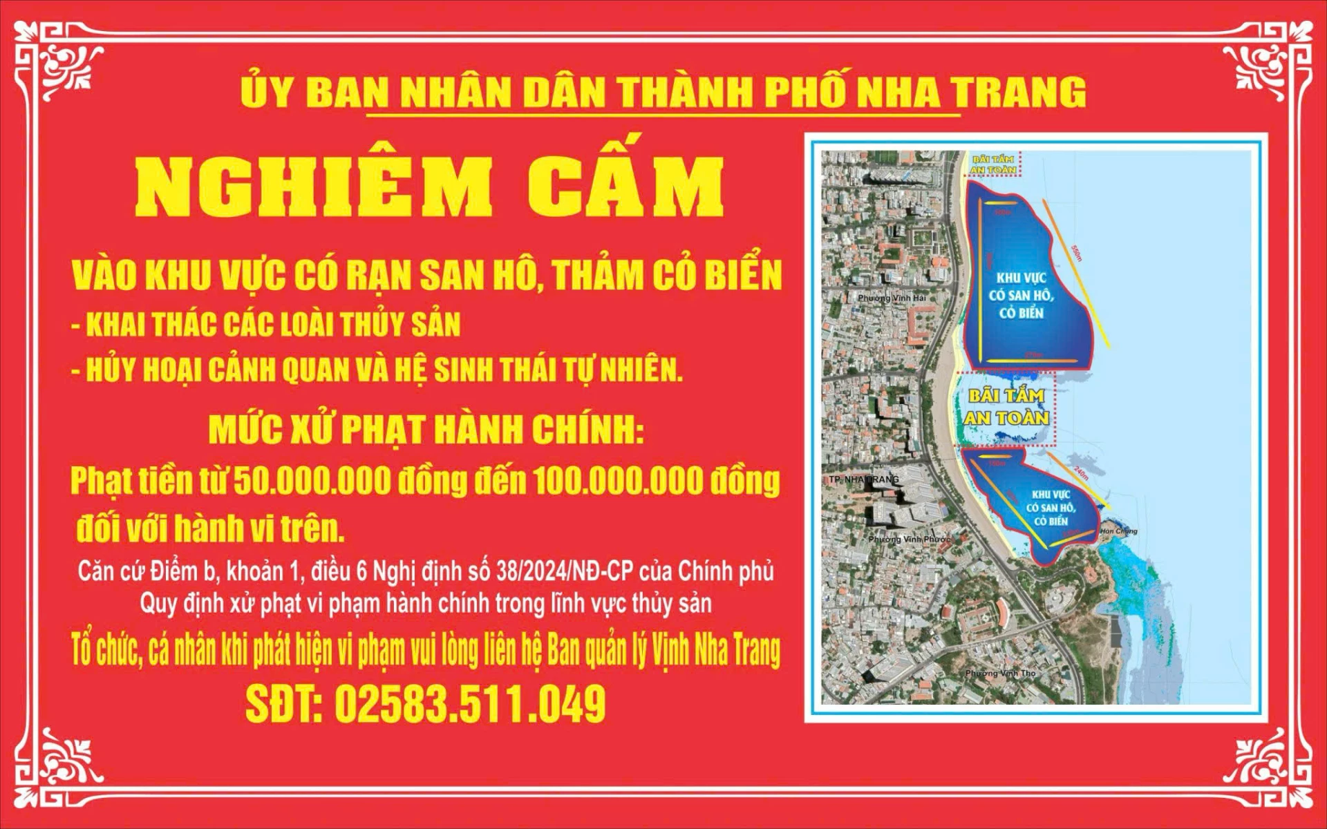 Bảng tuyên truyền chế tài xử lý đối với những hành vi tác động đến hệ sinh thái rạn san hô.
