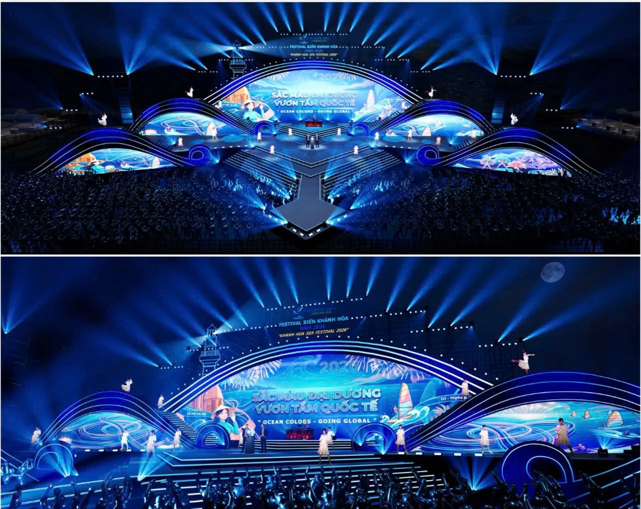 Phối cảnh sân khấu chính Festival Biển Khánh Hòa 2026 với không gian mở kết nối trực tiếp với vịnh biển Nha Trang.