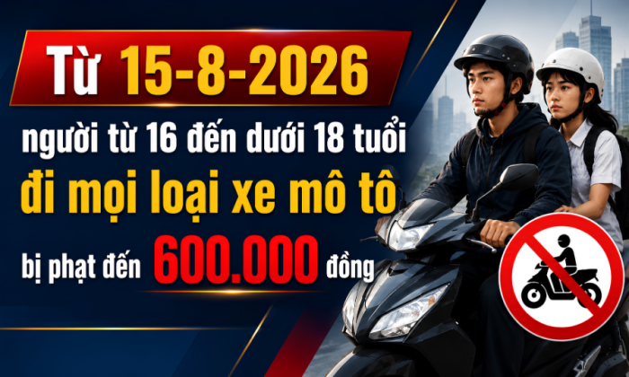 [Infographic] Từ 15-8-2026, người từ 16 đến dưới 18 tuổi đi mọi loại xe mô tô bị phạt đến 600.000 đồng