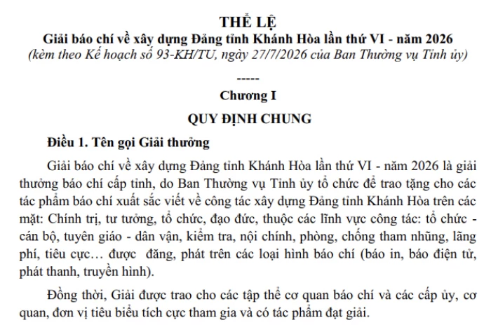 Thể lệ Giải báo chí về xây dựng Đảng tỉnh Khánh Hòa lần thứ VI - năm 2026