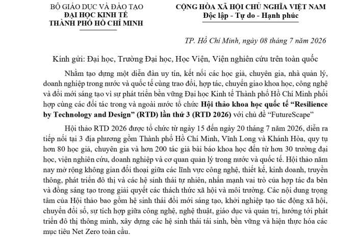 Đại học Kinh tế Thành phố Hồ Chí Minh tổ chức Hội thảo khoa học quốc tế RTD 2026