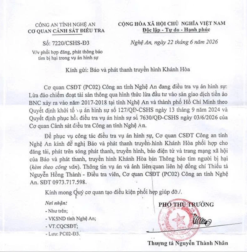 Công an Nghệ An tìm người bị hại vụ lừa đảo tiền ảo BNC hàng chục tỷ đồng
