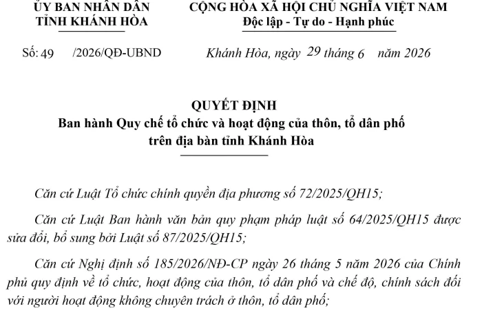 UBND tỉnh Khánh Hòa ban hành Quy chế tổ chức và hoạt động của thôn, tổ dân phố