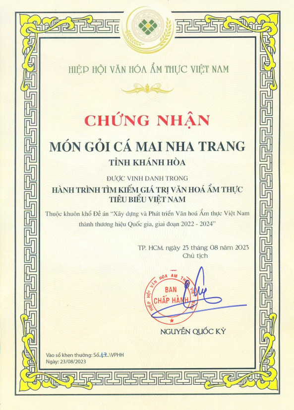 VCCA’s certificates honoring Ninh Hoa grilled meat rolls and Nha Trang white sardine fish salad
