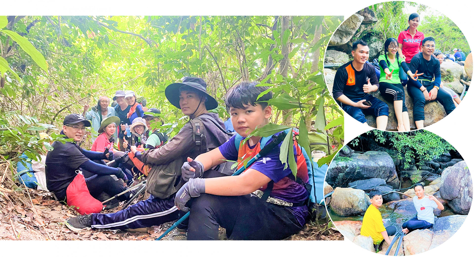 Em Trương Cao Phong (ngoài cùng bên phải ảnh lớn) nghỉ ngơi cùng đoàn sau khi leo một chặng đường dốc. Và các thành viên của đoàn đang hòa mình vào thiên nhiên ở con suối ven rừng.