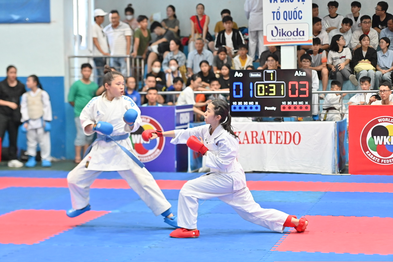 Martial art practitioners competing in kumite 

