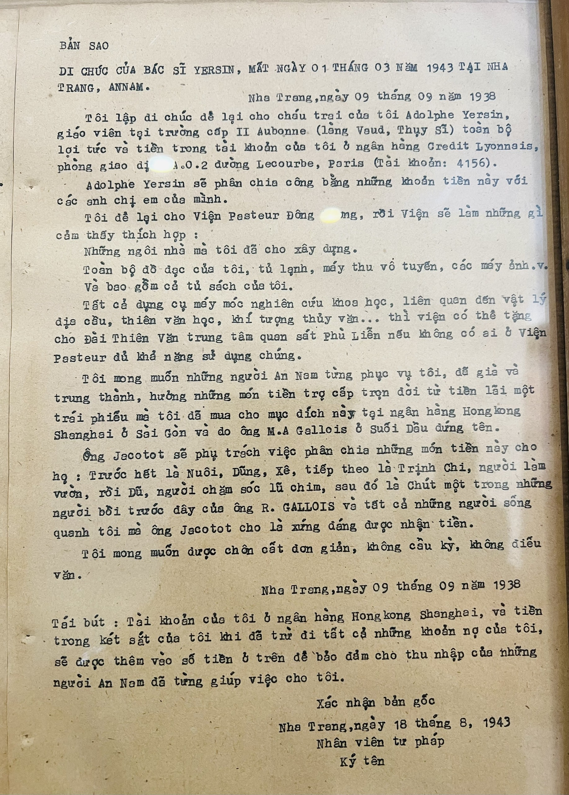 Bản dịch Di chúc bác sĩ A.Yersin được trưng bày tại Bảo tàng A.Yersin