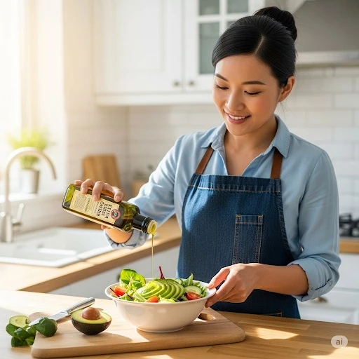 Sử dụng dầu ô liu nguyên chất để bổ sung chất béo lành mạnh cho cơ thể.