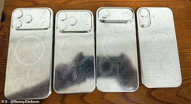 Ảnh các mô hình giả lập (dummy) của iPhone 17 đã được đăng lên mạng xã hội X bởi Sonny Dickson – một blogger và người rò rỉ thông tin Apple kỳ cựu – vào tháng 3.

Từ trái sang phải: iPhone 17 Pro Max, iPhone 17 Pro, iPhone 17 Air và phiên bản iPhone 17 tiêu chuẩn. Ảnh: X