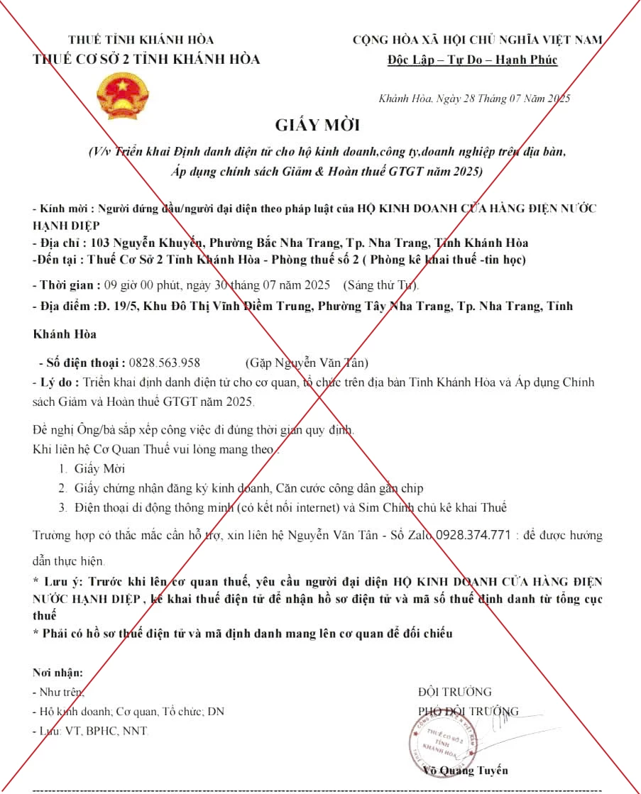 Giấy mời giả mạo các đối tượng gửi cho hộ kinh doanh.