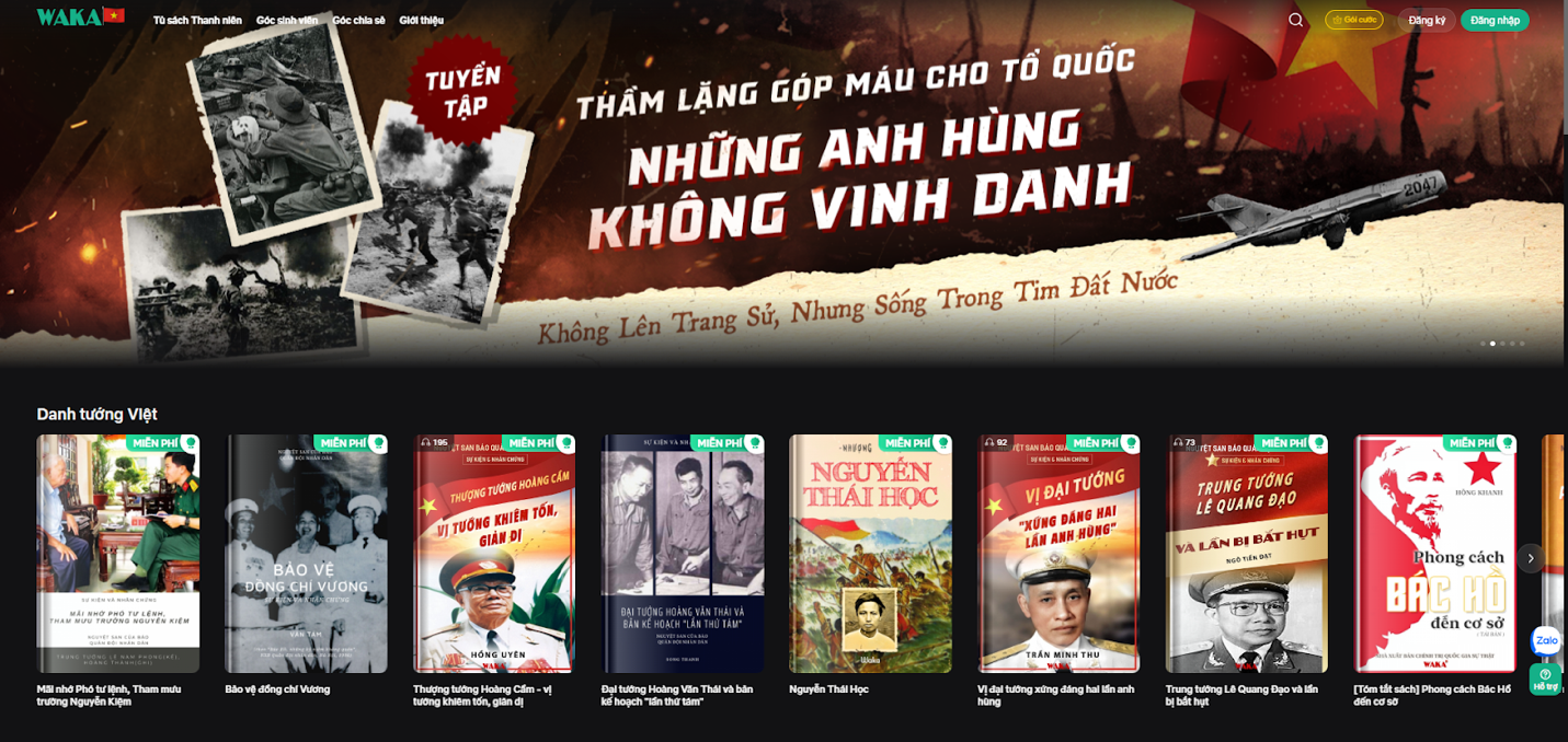Tủ sách Thanh Niên của Waka với hàng trăm sách, tư liệu miễn phí về lịch sử Việt Nam. Ảnh: Waka