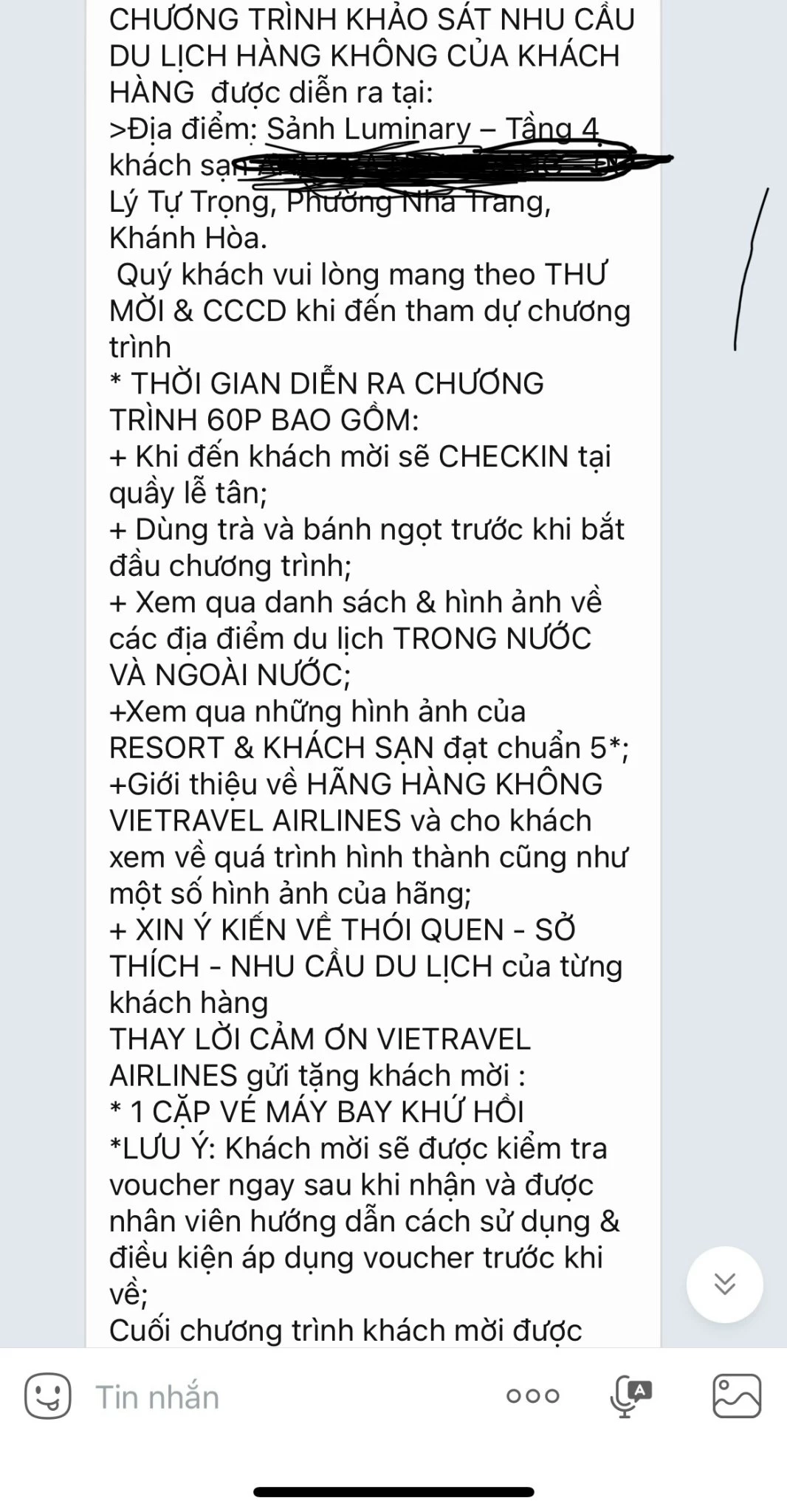 Tin nhắn mà đơn vị tổ chức gửi đến khách hàng
