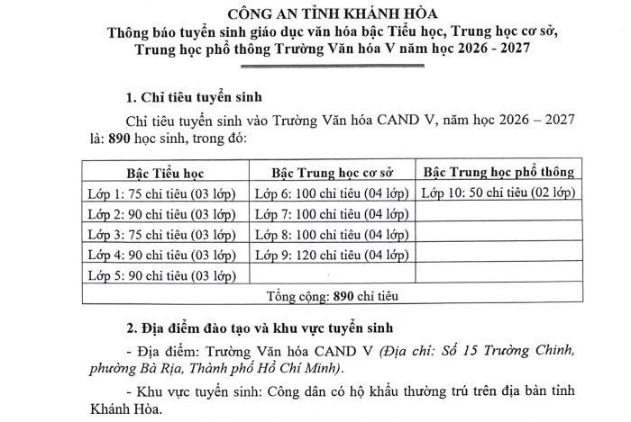 Công anh tỉnh Khánh Hòa thông báo tuyển sinh Trường Văn hóa V năm học 2026 - 2027