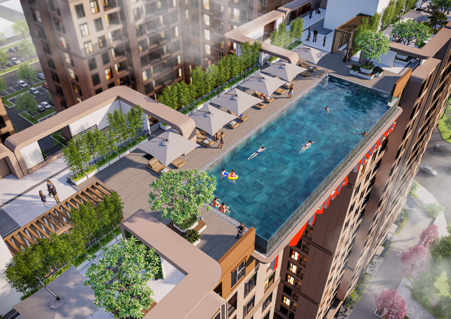 Bể bơi chân mây tại tầng mái là một trong những tiện ích nổi bật của Dự án Golden Square Nha Trang
