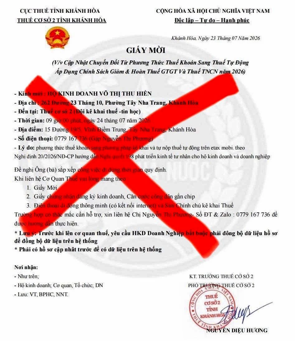Một giấy mời giả danh cơ quan thuế.