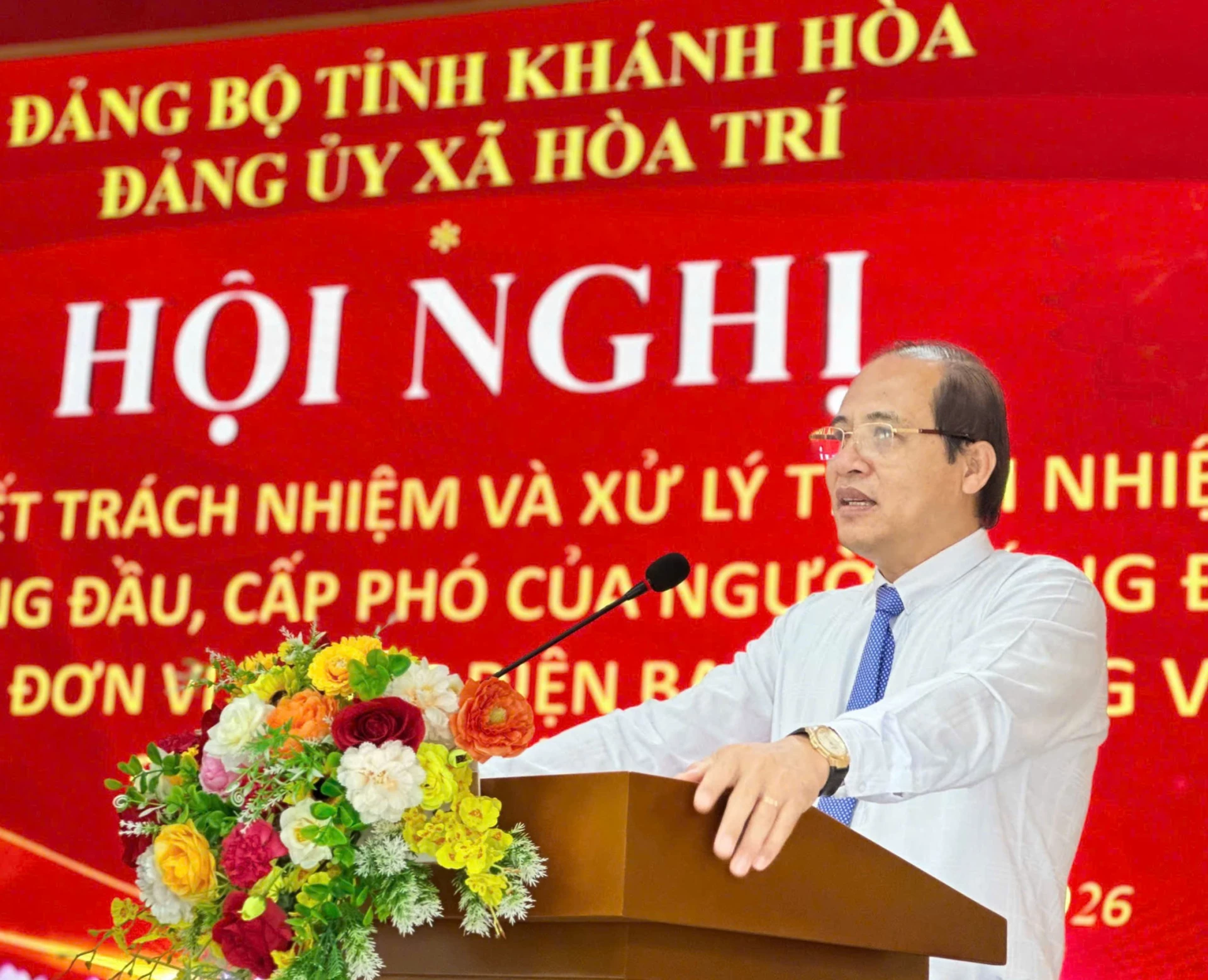 Ông Trần Văn Phải - Bí thư Đảng ủy, Chủ tịch HĐND xã Hòa Trí phát biểu tại hội nghị.
