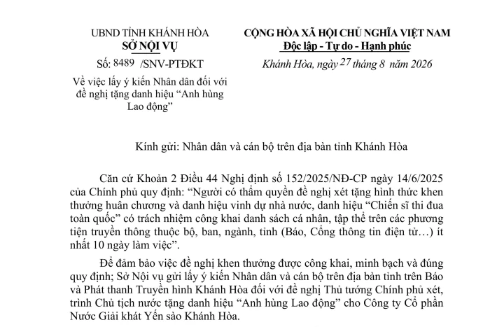 Lấy ý kiến Nhân dân đối với đề nghị tặng danh hiệu 